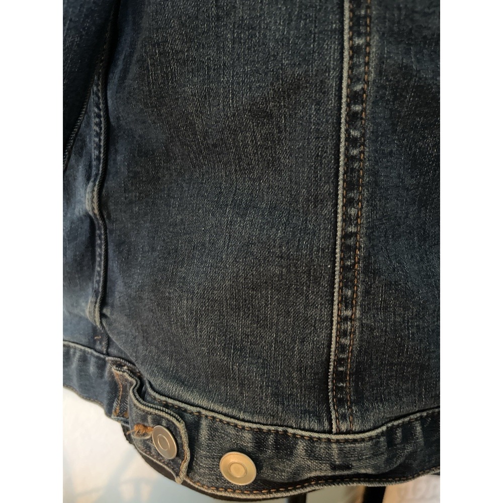 Women's Medium Blue Stretch Denim Trucker Jacket Button Front Casual Layering - Picture 4 of 5